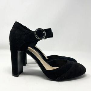 Nine  West Suede Leather Ankle Strap Round Toe Heels Pump Black Size 6